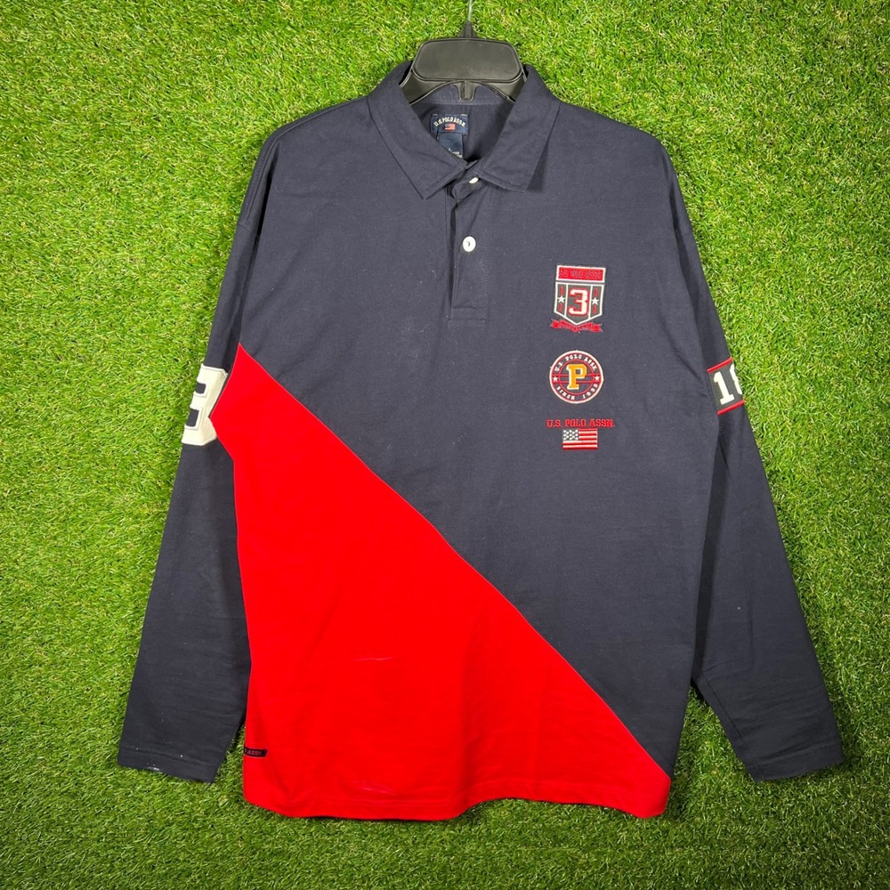 US Polo‎ Assn Mens Large Navy Red Colorblock Long Sleeve Rugby Polo Shirt 4012